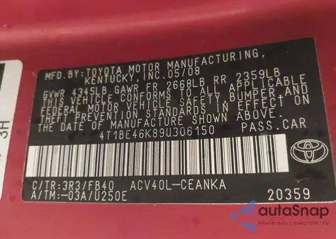 2009 Toyota Camry Le z USA, uszkodzony, nr VIN 4T1BE46K89U306150